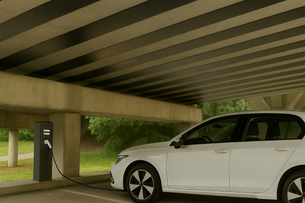 Aufladen von Elektrofahrzeugen auf einem Stahlbetonparkplatz mit Kohlenstofffaserstreifen, die unter den Platten sichtbar sind.