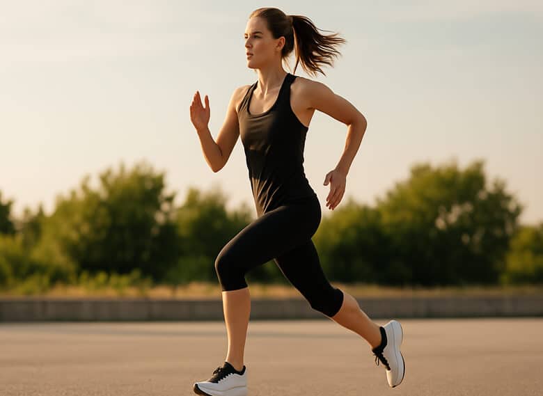 An athlete in motion, wearing running shoes equipped with carbon plates.
